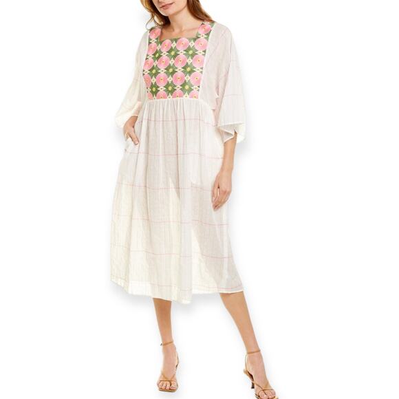 Tory Burch Floral Embroidered Midi Caftan Tunic Midi Dress White Size Medium - Picture 1 of 10